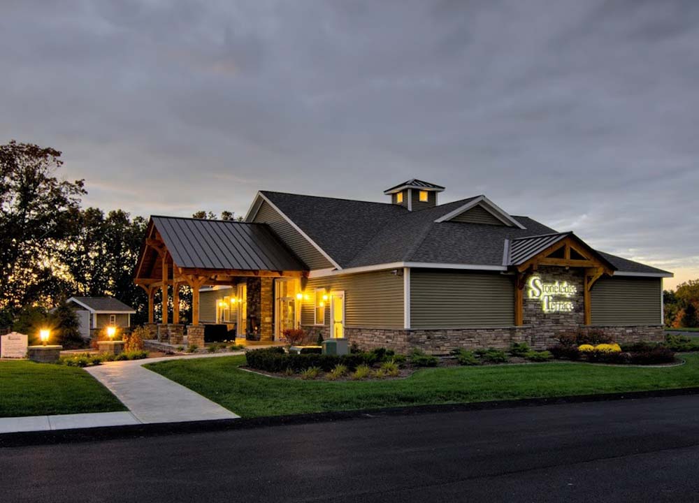 Clubhouse lit up at dusk